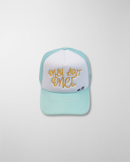 'ONLY LOST ONCE' AQUA TRUCKER CAP