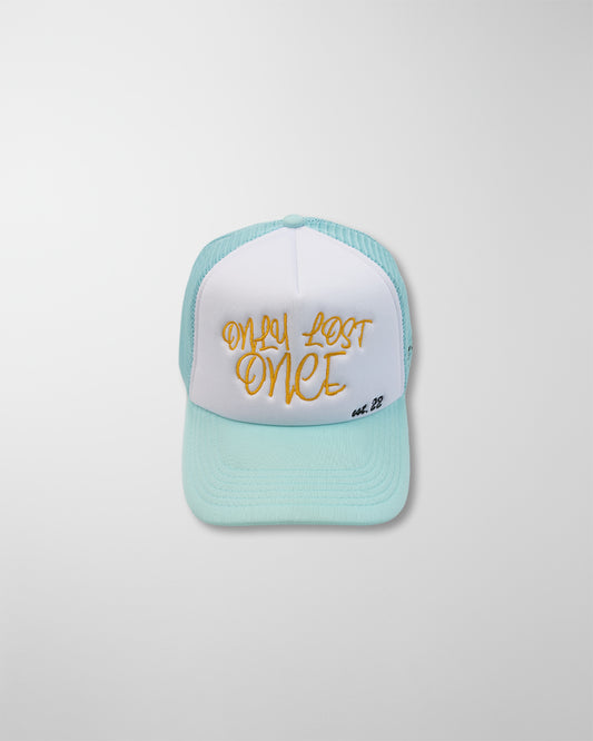 'ONLY LOST ONCE' AQUA TRUCKER CAP