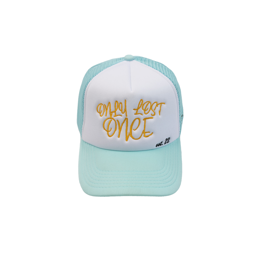 'ONLY LOST ONCE' AQUA TRUCKER CAP